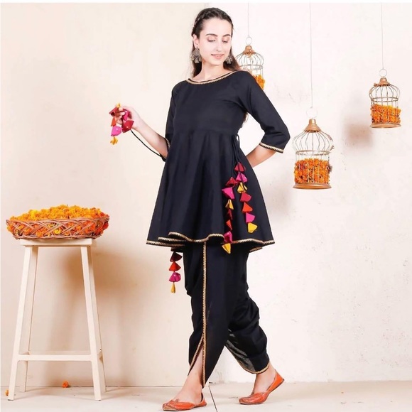 Women's Black Dhoti Peplum Top Set with Multicolour Tassels - Picture 2 of 4
